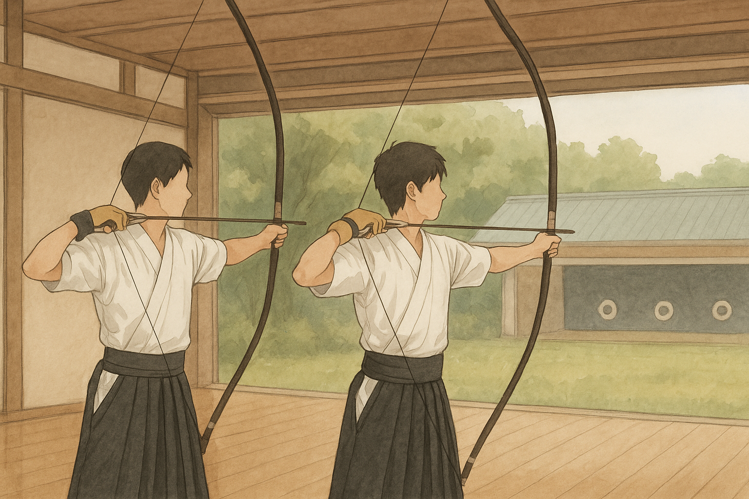 弓道初心者の大学生が稽古をするイメージイラスト
