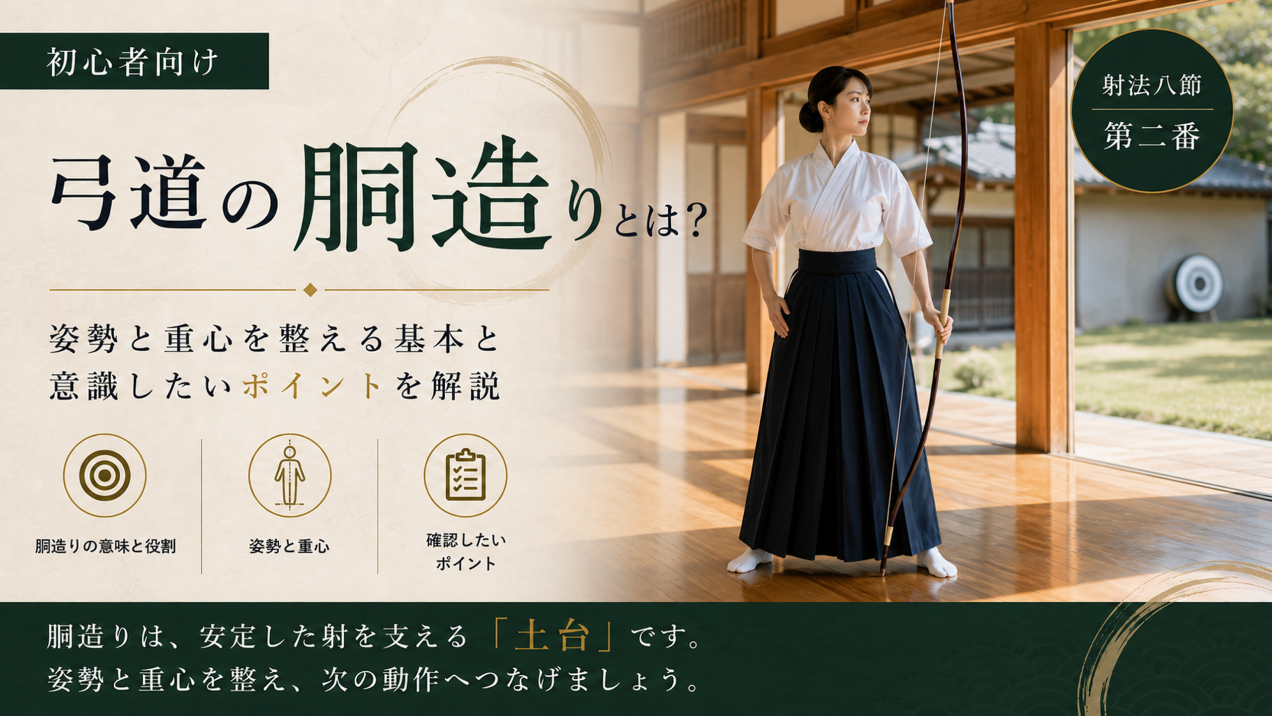 射法八節の第二番・胴造りで、右手を右腰にとり本弭を左膝頭付近に置く射手